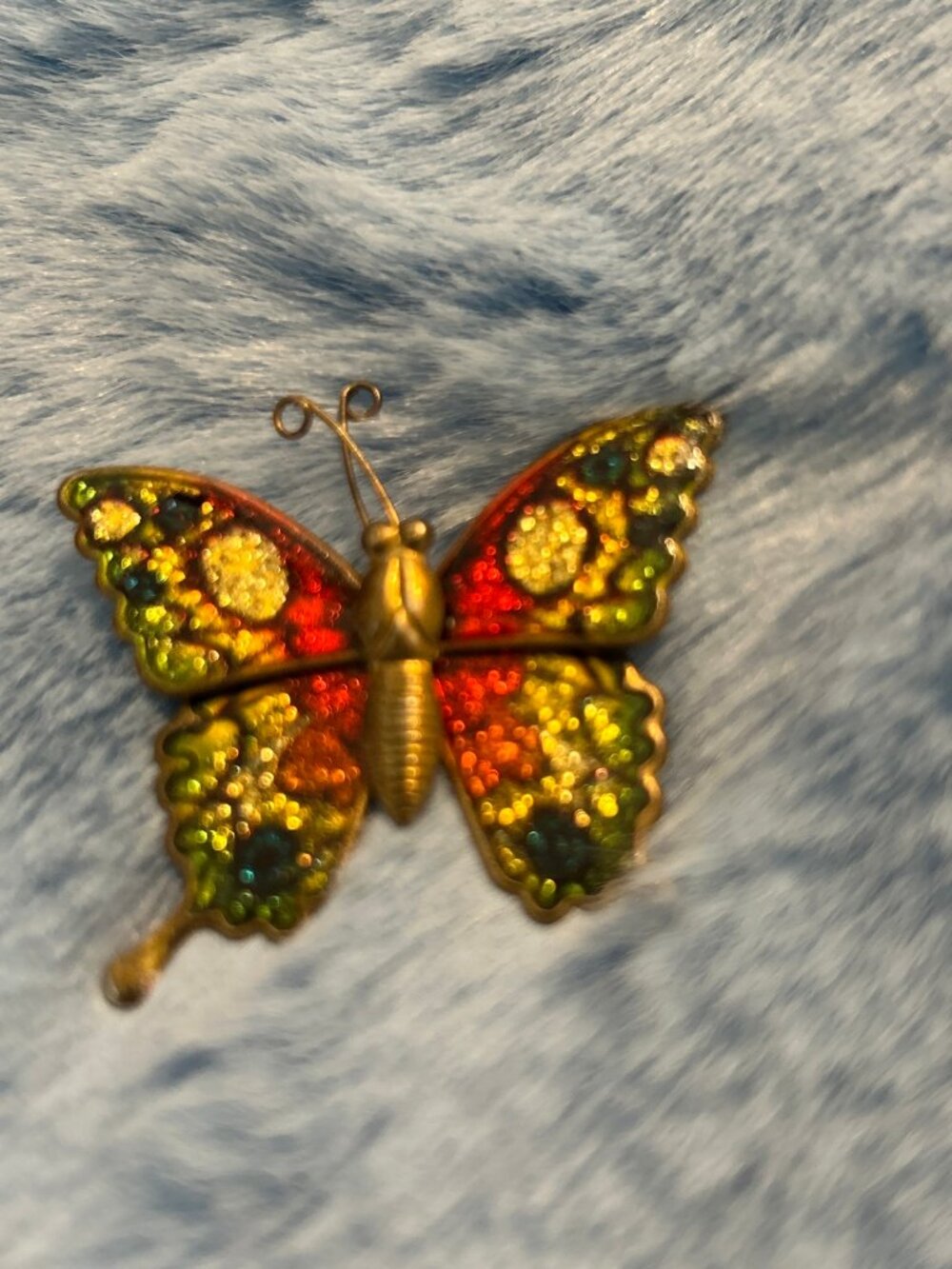 Vintage Enamel Butterfly Brooch Red Yellow Green Sparkle Wings Gold Tone